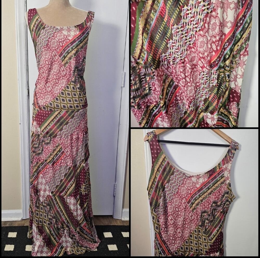 Jones Studio Burgundy Patchwork Print Sleeveless Crinkle Chiffon Maxi Dress 18W